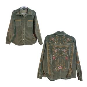 Driftwood Womens Green Floral Embroidered Corduroy Shirt Jacket Size Large Boho